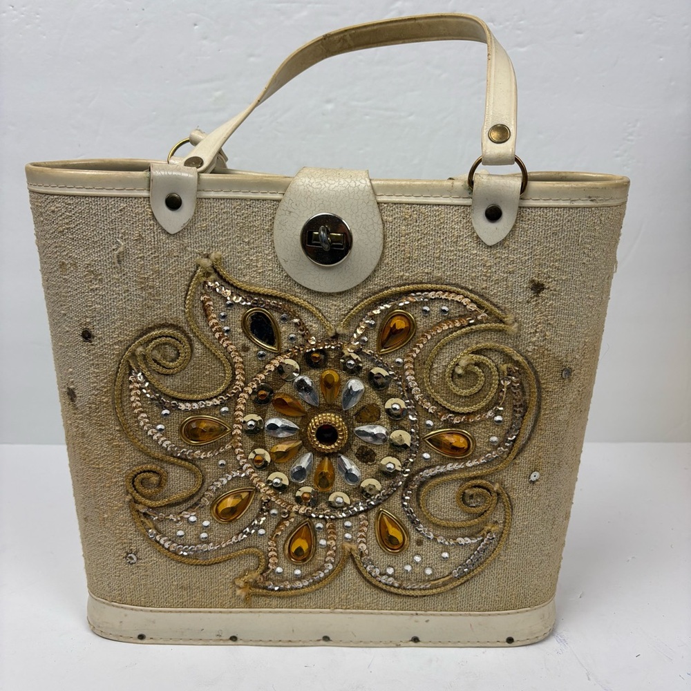Vintage Enid Collins of Texas Style Embellished Rhinestone Cream Bag Wood 1960s